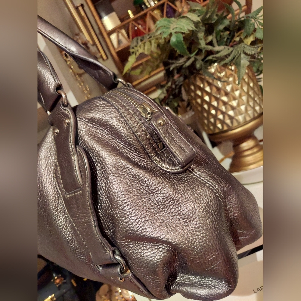 Michael Kors Fulton Metallic Dark Grey Leather Top Handle Bowler Bag Pur… - Picture 6 of 16
